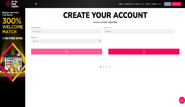 Creating an account at SlotsandCasino